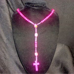 Wooden Pink Rosary with Crucifixion and Mini Religious Figures.